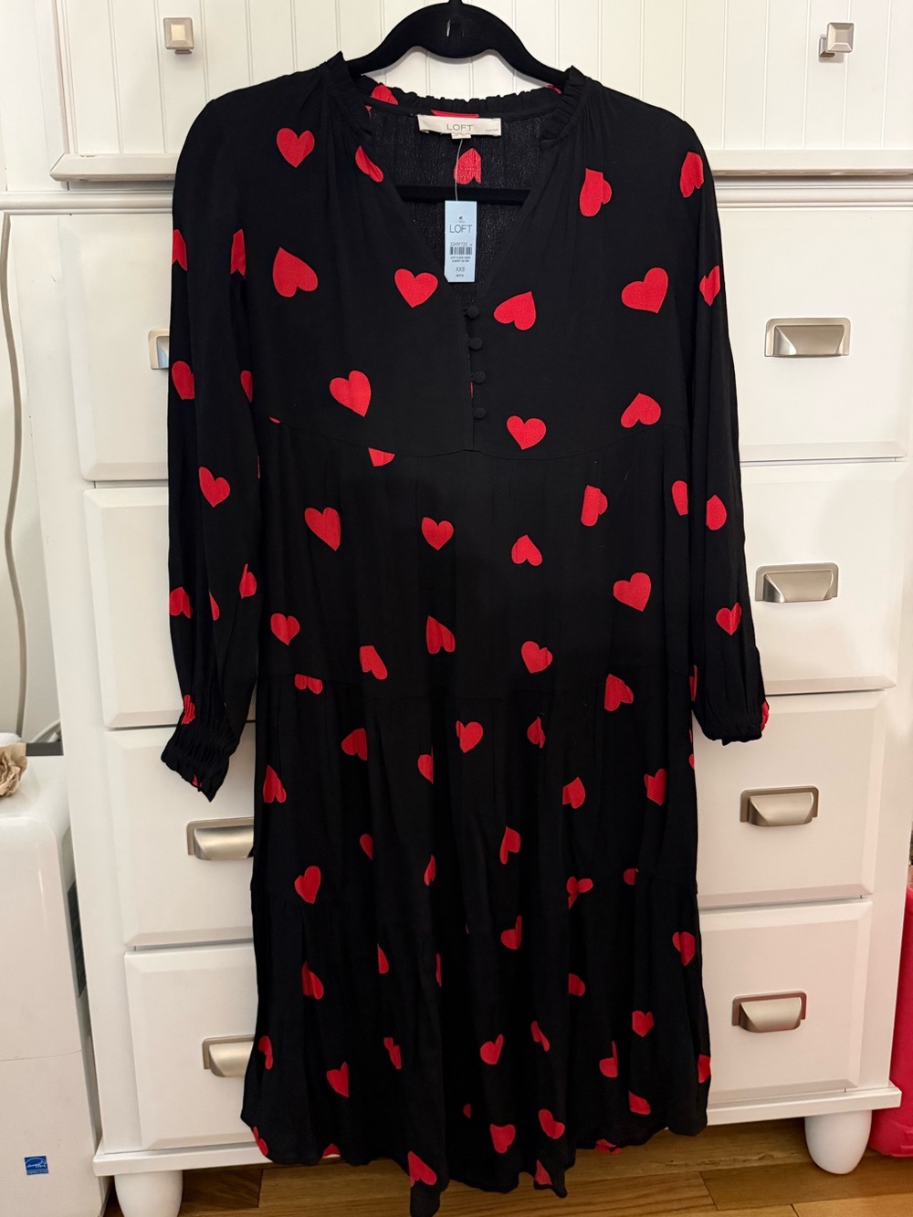 LOFT Black Long Sleeve Dress with Red Heart Print